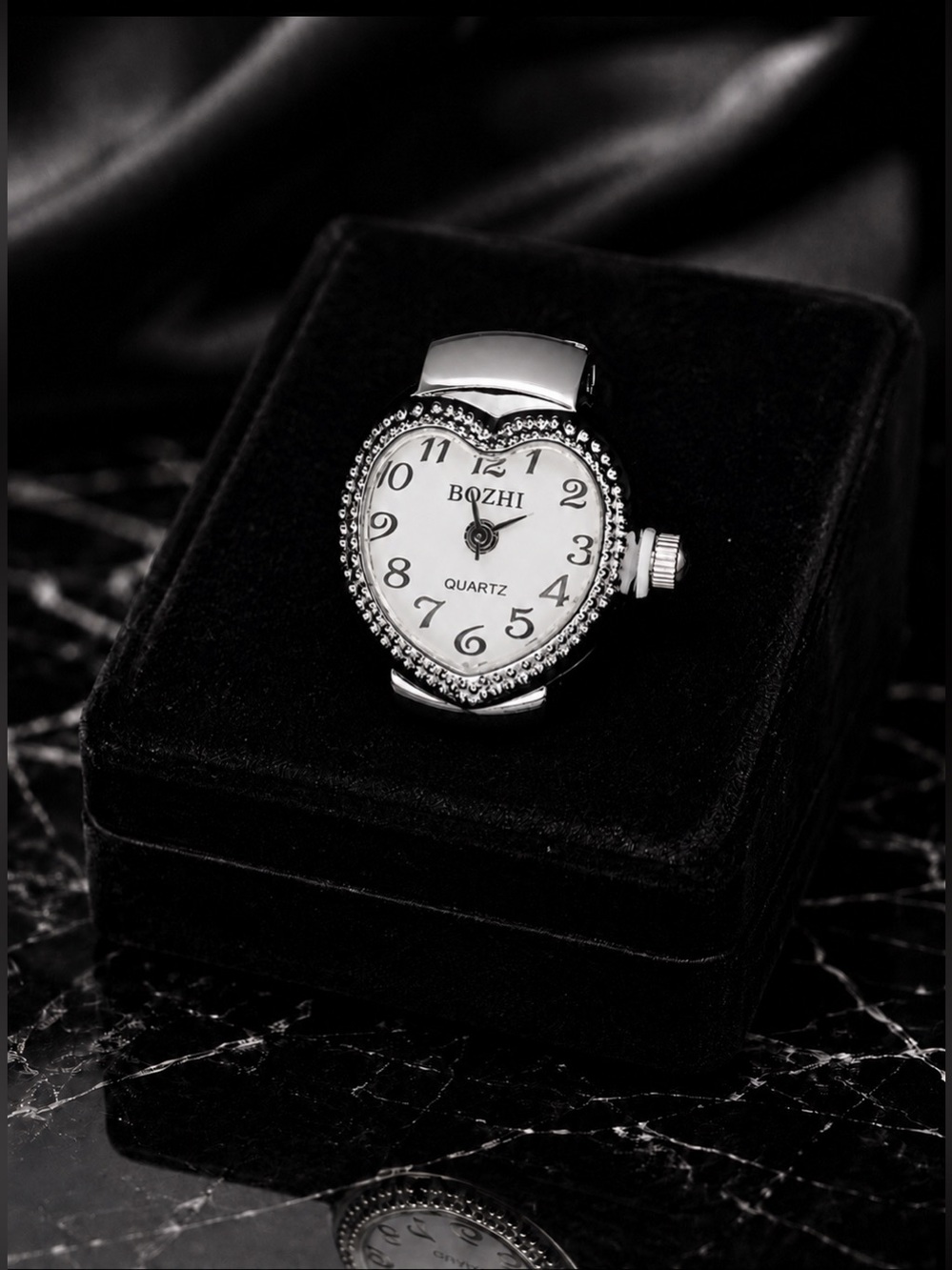 Silver Heart-Shaped Rhinestone Quartz Finger Watch Ring